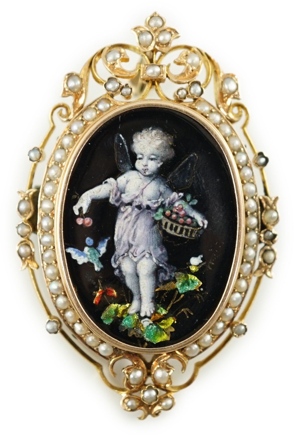 A Victorian oval gold and enamel pendant/brooch, painted with a cherub offering cherries to a dove, within a black and split pearl outer border